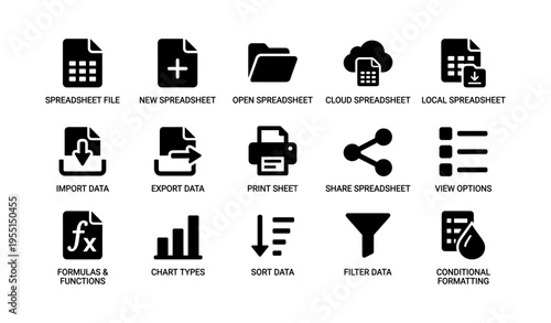 Icon set for spreadsheet management and data operations