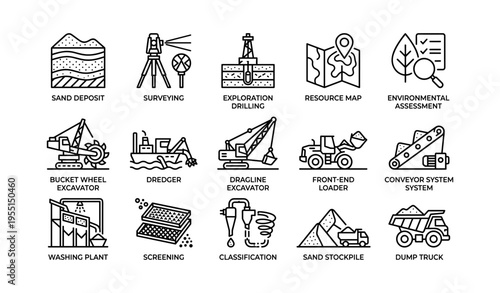 Icons of mining and exploration equipment and processes
