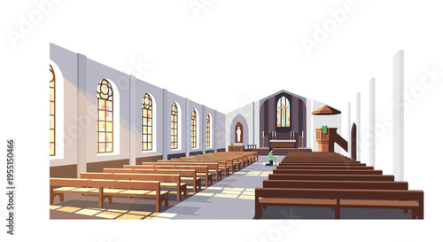 Contemporary church interior with stained glass and benches in isometric view