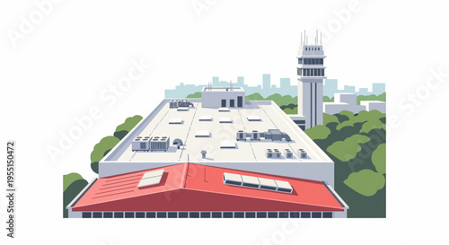 Modern cityscape with rooftop equipment and tower in flat design