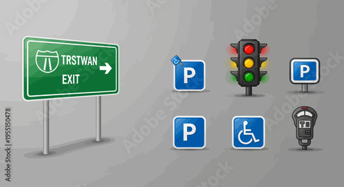 Road signs and traffic symbols collection featuring parking icons and traffic lights