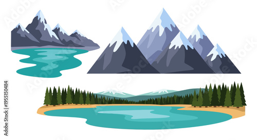 Scenic mountain and lake landscape icons with evergreen trees