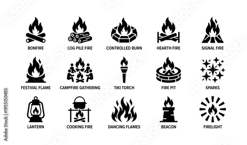 Fire icons collection: bonfire, campfire, tiki torch, beacon, lantern, cooking fire