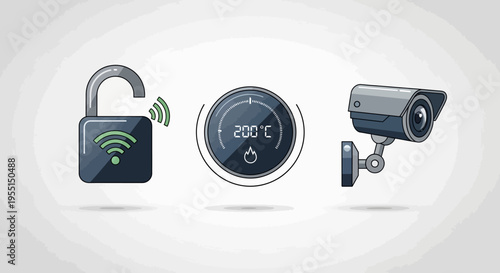 Smart home security and automation icons featuring lock, thermostat, and camera