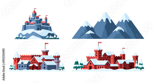 Medieval winter castles and snowy mountains collection