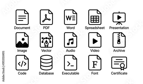 Icons of document formats: pdf, word, spreadsheet, image, audio, video, code, database, certificate