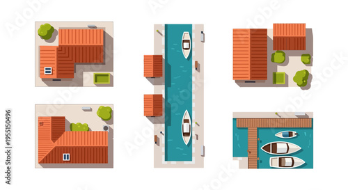 Top view of mediterranean urban design with waterfront and boats