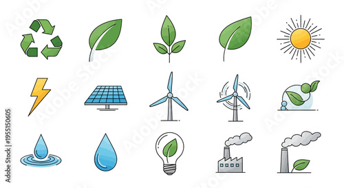Eco-friendly symbols for sustainability and renewable energy solutions