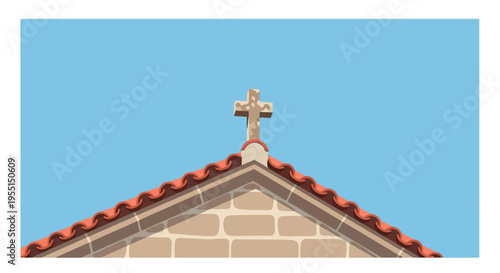 Chapel roof with cross against clear blue sky