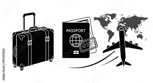 Travel silhouette icons: luggage, passport, plane over world map