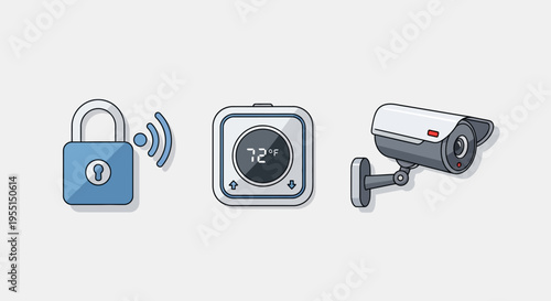 Smart home automation devices: lock, thermostat, and security camera in flat style