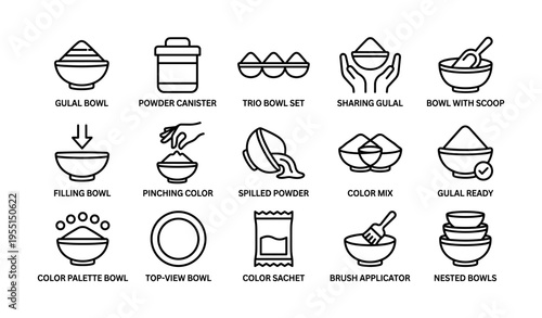 Gulal celebration icons: bowls, powder, color mixing and sharing illustrations
