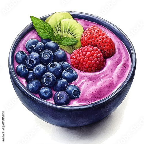 Smoothie Bowl, vibrant painting vector in watercolor style with playful brushwork and lively colors, isolated on a white background.