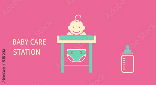 Colorful baby care station with changing table and bottle design