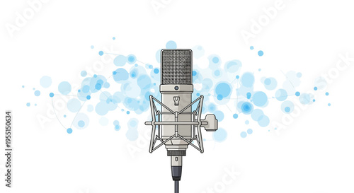 Retro microphone with abstract blue particles on white background