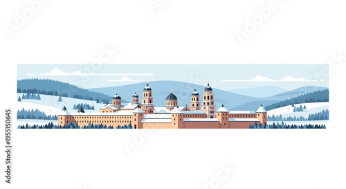 Majestic monastery in winter landscape with snow-capped peaks and forest