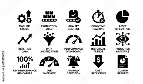 Industrial technology icons for performance tracking and analytics