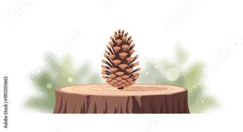 Realistic pine cone on tree stump with soft blurred background