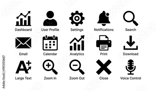 Dashboard icons set: user settings, notifications, search, and more
