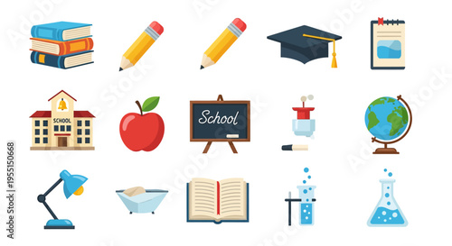 Education icons set: books, school supplies, and science elements