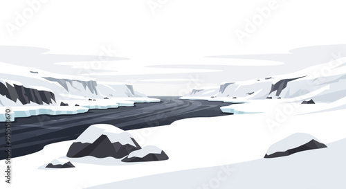 Winter landscape with snowy mountains and frozen river scene