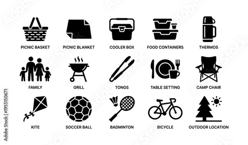 Outdoor recreation essentials: picnic gear, sports items, family activities icons