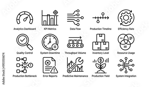 Industrial analytics dashboard icons illustrating system optimization and production metrics