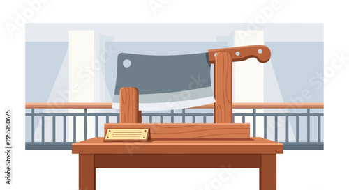 Flat design museum display of vintage cleaver with wooden stand in modern gallery setting