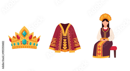 Traditional eastern european attire and accessories: crown, embroidered coat, seated woman