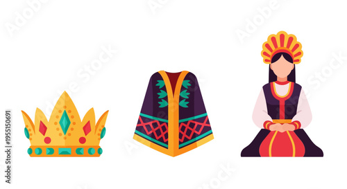Traditional cultural attire: folk crown, embroidered cloak, and woman in costume
