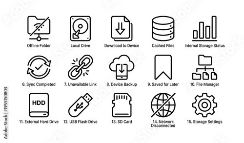 Device management icons: offline, local, sync, backup, storage tools