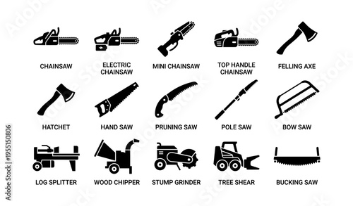 Woodcutting tools icons: chainsaws axes saws grinders and more