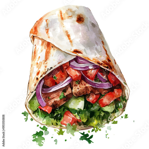 Shawarma, vibrant painting vector in watercolor style with playful brushwork and lively colors, isolated on a white background.