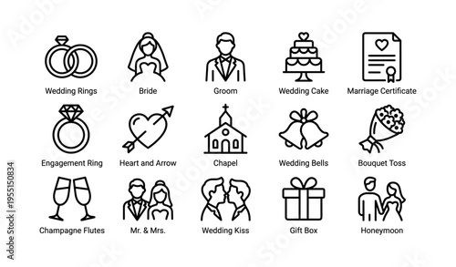 Wedding icons: bride, groom, rings, cake, chapel, honeymoon, gifts