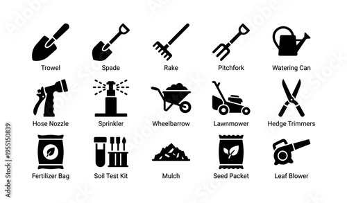 Essential gardening tools collection including trowel, spade, rake, and sprinkler