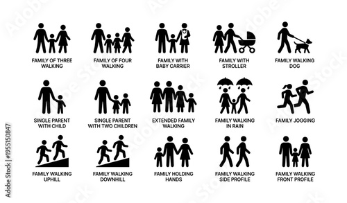 Family icons: walking, jogging, stroller, dog, large groups, parents with kids