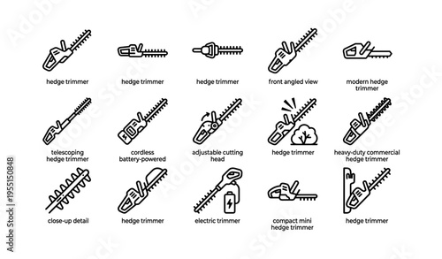 Diverse hedge trimmer icons showing modern designs and functions