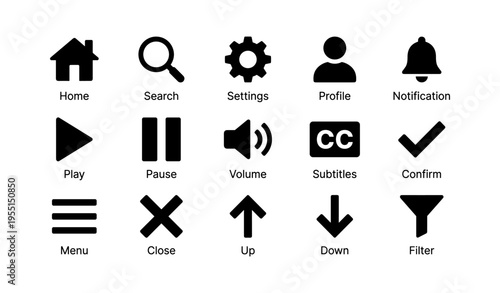 Icon set: home, search, settings, profile, notification, and media controls
