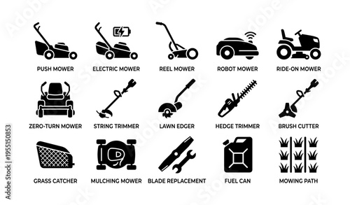 Various types of lawn mowers and garden tools icons set