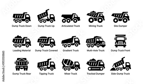 Collection of various dump trucks: types and functions illustrated with icons