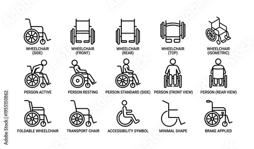 Wheelchair and person icon set illustrating accessibility features