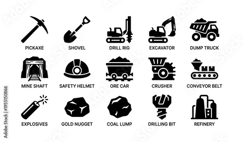 Various mining tools and equipment icons in black silhouettes on white background