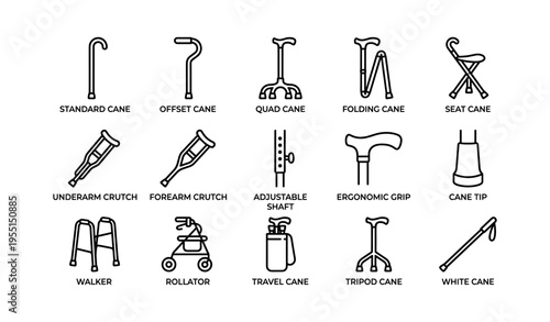 Types of mobility aids: standard cane, quad cane, crutch, walker, rollator