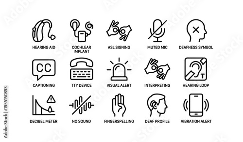 Icon collection for hearing impairment: hearing aid, asl, visual alert, and more