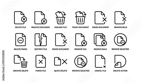 Set of 20 minimalist document management icons with delete options