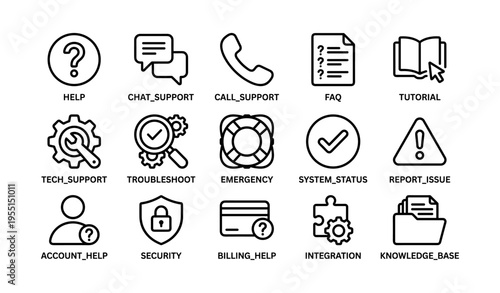 Customer support icons set: help, chat, call, faq, security, integration