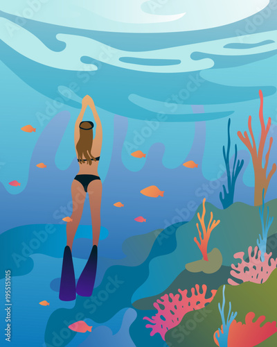 Underwater Explorer: A Vibrant Vector Illustration Depicting Marine Life and Deep Sea Diving. A scuba diver glides through vibrant coral reefs, observing colorful marine life in the serene blue waters