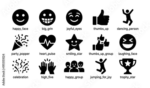 Emoji set featuring smiley faces, thumbs up, and party symbols