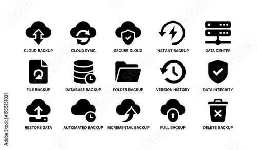 Cloud backup and data management icons simplify secure digital storage