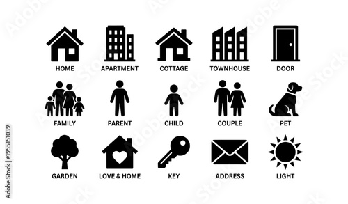 Home and lifestyle icons: housing, family, pets, and essential elements